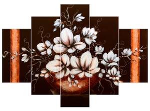 Ručne maľovaný obraz Magnólie vo váze - 5 dielny Rozmery: 100 x 70 cm