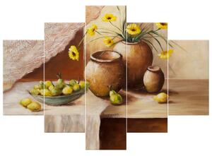 Ručne maľovaný obraz Žlté kvety vo váze - 5 dielny Rozmery: 100 x 70 cm
