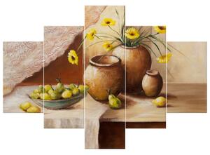 Ručne maľovaný obraz Žlté kvety vo váze - 5 dielny Rozmery: 150 x 105 cm