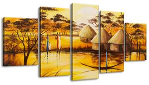 Ručne maľovaný obraz Africká dedina - 5 dielny Rozmery: 100 x 70 cm