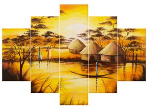 Ručne maľovaný obraz Africká dedina - 5 dielny Rozmery: 150 x 70 cm