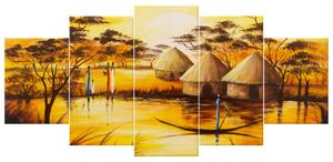 Ručne maľovaný obraz Africká dedina - 5 dielny Rozmery: 150 x 70 cm
