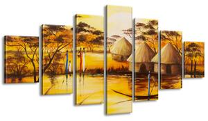 Ručne maľovaný obraz Africká dedina - 7 dielny Rozmery: 210 x 100 cm