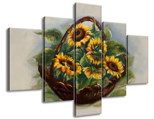 Ručne maľovaný obraz Košík slnečníc - 5 dielny Veľkosť: 100 x 70 cm