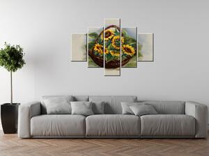 Ručne maľovaný obraz Košík slnečníc - 5 dielny Rozmery: 100 x 70 cm