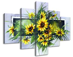 Ručne maľovaný obraz Kytica slnečníc - 5 dielny Rozmery: 100 x 70 cm