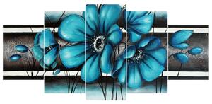 Ručne maľovaný obraz Maľované tyrkysové kvety - 5 dielny Rozmery: 100 x 70 cm