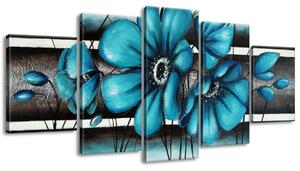 Ručne maľovaný obraz Maľované tyrkysové kvety - 5 dielny Rozmery: 150 x 105 cm