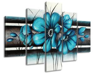 Ručne maľovaný obraz Maľované tyrkysové kvety - 5 dielny Rozmery: 150 x 70 cm