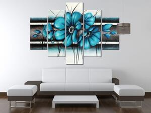 Ručne maľovaný obraz Maľované tyrkysové kvety - 5 dielny Rozmery: 150 x 70 cm