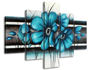 Ručne maľovaný obraz Maľované tyrkysové kvety - 5 dielny Rozmery: 100 x 70 cm