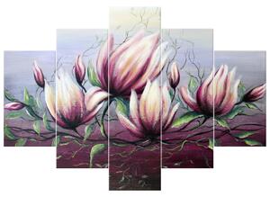 Ručne maľovaný obraz Kvety magnólie - 5 dielny Rozmery: 150 x 105 cm