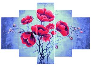 Ručne maľovaný obraz Jemný červený mak - 5 dielny Rozmery: 150 x 70 cm