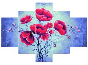Ručne maľovaný obraz Jemný červený mak - 5 dielny Rozmery: 150 x 105 cm