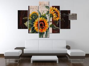 Ručne maľovaný obraz Skromné slnečnice - 5 dielny Rozmery: 150 x 70 cm