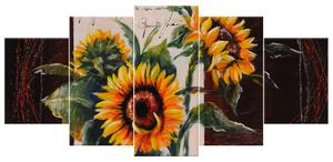 Ručne maľovaný obraz Skromné slnečnice - 5 dielny Rozmery: 150 x 70 cm