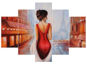 Ručne maľovaný obraz Prechádzka pri Eiffelovej veži - 5 dielny Rozmery: 150 x 70 cm