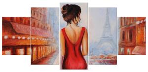Ručne maľovaný obraz Prechádzka pri Eiffelovej veži - 5 dielny Rozmery: 150 x 70 cm