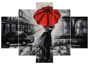 Ručne maľovaný obraz Červený bozk v daždi - 5 dielny Rozmery: 150 x 105 cm