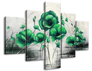 Ručne maľovaný obraz Zelené Vlčie maky - 5 dielny Rozmery: 150 x 70 cm