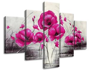 Ručne maľovaný obraz Ružové Vlčie maky - 5 dielny Rozmery: 100 x 70 cm