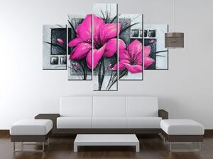 Ručne maľovaný obraz Nádherné ružové Vlčie maky - 5 dielny Rozmery: 150 x 70 cm