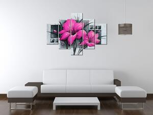 Ručne maľovaný obraz Nádherné ružové Vlčie maky - 5 dielny Rozmery: 150 x 70 cm
