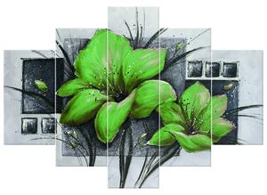 Ručne maľovaný obraz Nádherné zelené Vlčie maky - 5 dielny Rozmery: 150 x 70 cm