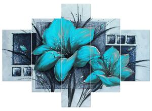 Ručne maľovaný obraz Nádherné modré Vlčie maky - 5 dielny Rozmery: 100 x 70 cm