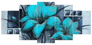 Ručne maľovaný obraz Nádherné modré Vlčie maky - 5 dielny Rozmery: 150 x 70 cm