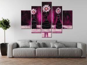 Ručne maľovaný obraz Margarétkové ružové trio - 5 dielny Rozmery: 150 x 105 cm