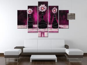 Ručne maľovaný obraz Margarétkové ružové trio - 5 dielny Rozmery: 150 x 105 cm