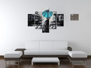 Ručne maľovaný obraz Tyrkysový bozk v daždi - 5 dielny Rozmery: 100 x 70 cm