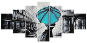 Ručne maľovaný obraz Tyrkysový bozk v daždi - 7 dielny Rozmery: 210 x 100 cm