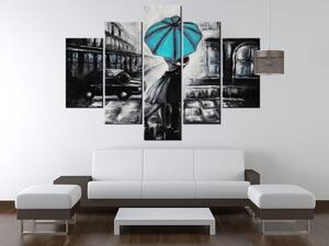 Ručne maľovaný obraz Tyrkysový bozk v daždi - 5 dielny Rozmery: 150 x 105 cm