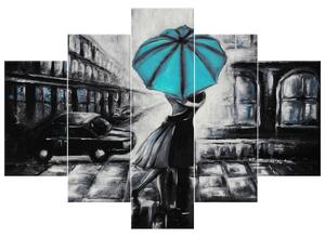 Ručne maľovaný obraz Tyrkysový bozk v daždi - 5 dielny Rozmery: 100 x 70 cm