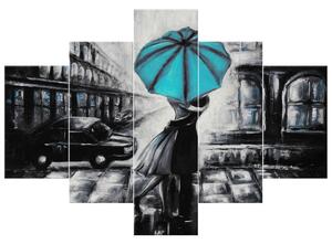 Ručne maľovaný obraz Tyrkysový bozk v daždi - 5 dielny Rozmery: 150 x 70 cm