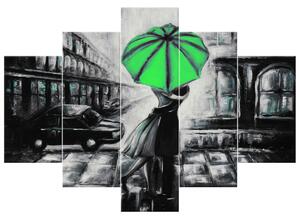 Ručne maľovaný obraz Zelený bozk v daždi - 5 dielny Rozmery: 150 x 70 cm
