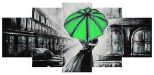 Ručne maľovaný obraz Zelený bozk v daždi - 5 dielny Rozmery: 150 x 70 cm