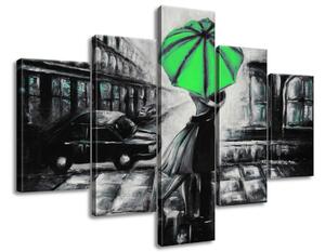 Ručne maľovaný obraz Zelený bozk v daždi - 5 dielny Rozmery: 100 x 70 cm