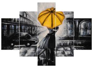 Ručne maľovaný obraz Žltý bozk v daždi - 5 dielny Rozmery: 150 x 70 cm
