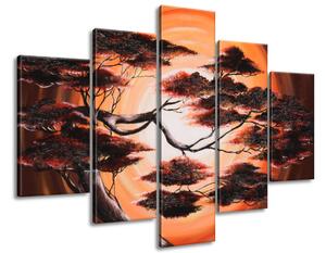 Ručne maľovaný obraz Strom pri západe slnka - 5 dielny Rozmery: 150 x 105 cm