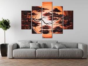Ručne maľovaný obraz Strom pri západe slnka - 5 dielny Rozmery: 150 x 70 cm