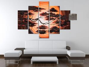 Ručne maľovaný obraz Strom pri západe slnka - 5 dielny Rozmery: 150 x 70 cm