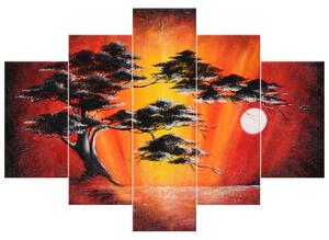 Ručne maľovaný obraz Masívny strom pri západe slnka - 5 dielny Rozmery: 150 x 105 cm