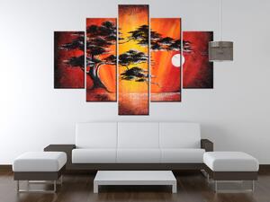 Ručne maľovaný obraz Masívny strom pri západe slnka - 5 dielny Rozmery: 150 x 70 cm