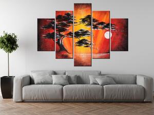 Ručne maľovaný obraz Masívny strom pri západe slnka - 5 dielny Rozmery: 150 x 105 cm