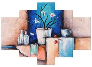 Ručne maľovaný obraz Margarétky v kvetináči - 5 dielny Rozmery: 150 x 105 cm