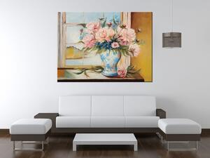 Ručne maľovaný obraz Farebné kvety vo váze Rozmery: 120 x 80 cm