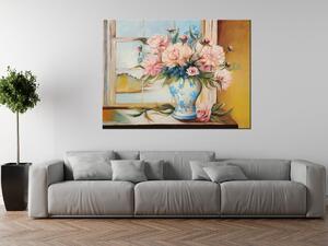 Ručne maľovaný obraz Farebné kvety vo váze Rozmery: 120 x 80 cm